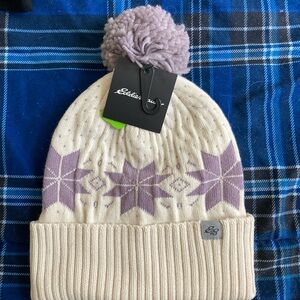 Eddie Bauer Cream and Lavender Knit Beanie brand new with tags